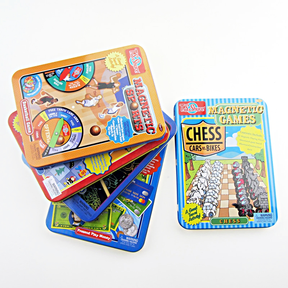 Rectangular hinged tin box for board games
