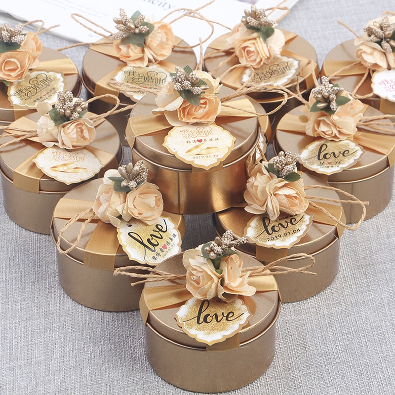 Custom round shape rose gaold luxury candy cookie tin box for wedding gift tin container with ribbon