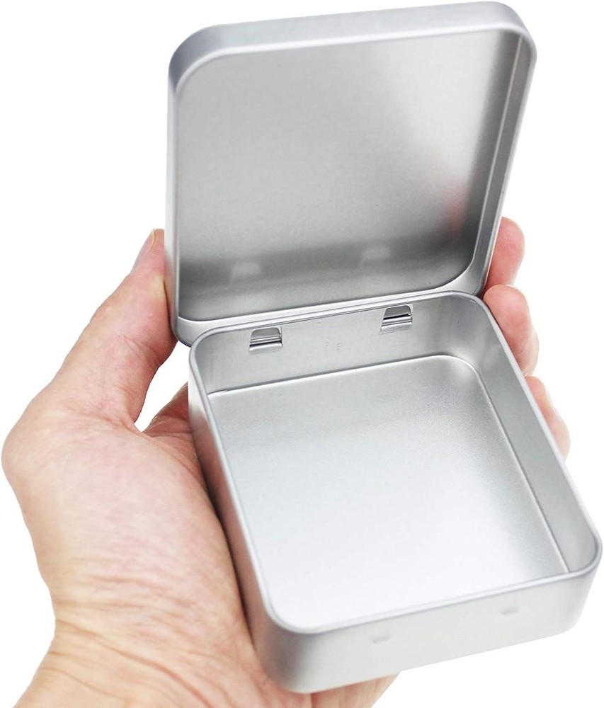 Empty Rectangular Silver Metal Storage Organizer Tins with Hinged Lids for Candies, Gifts & Treasures 