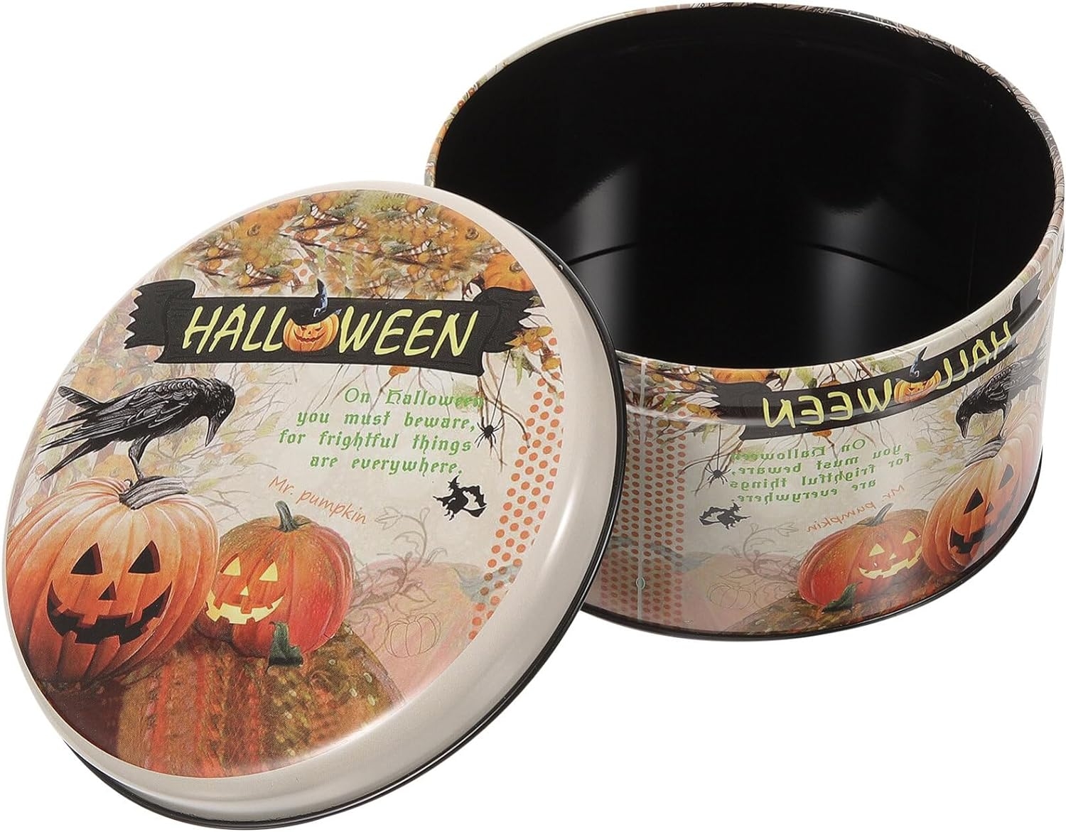 Halloween Cookie Tin with Lid Round Pumpkin Box Tinplate Empty Cake Tin Canister Decorative Wrapping Chocolate Treats Container for Candies