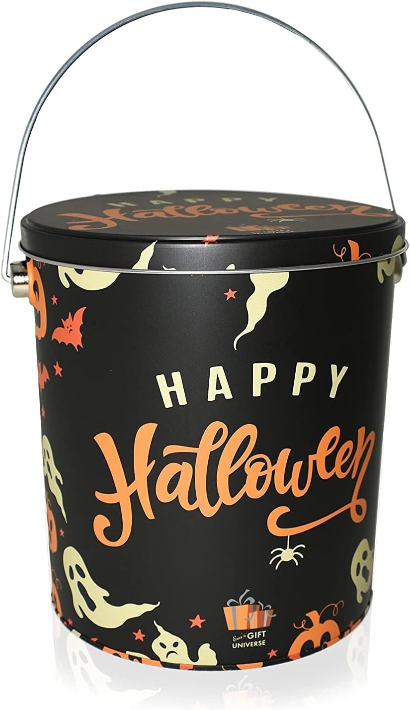 Halloween Trick or Treat Tin Bucket, Black Tin Pails with Handle