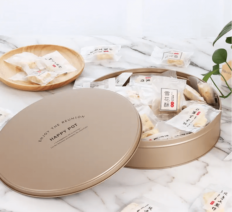 Food grade periume round shape biscuit cookie tin box