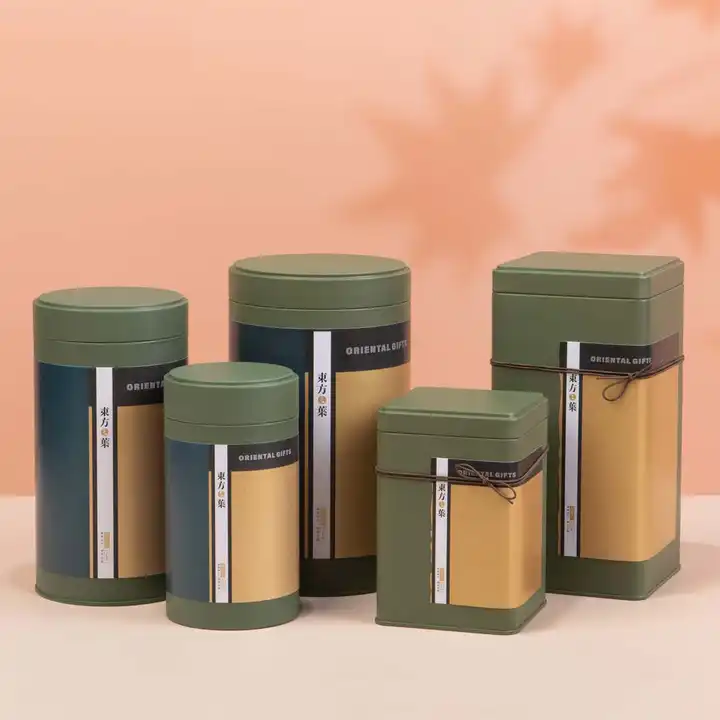 New Customized design square airtight tea tin canister food grade printing packing box empty sealed round green metal tea cans